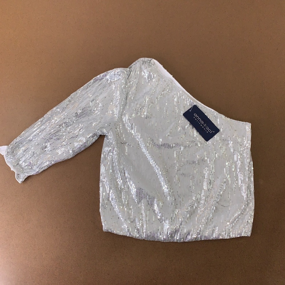 Anna-Kaci Women's Size Large Silver Sequin One Shoulder Pullover Top NWT